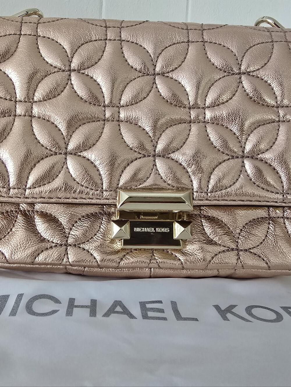 Michael Kors Quilted Metallic Rose Shoulder Bag with Gold Chain
